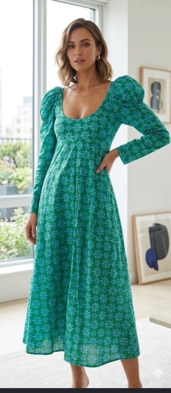 De Loreta Green Floral Midi Dress NWT XS